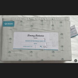 4pc Tommy Bahama KEW PALMS Trees Stripe QUEEN Sheet Set Tropical Cotton Percale
